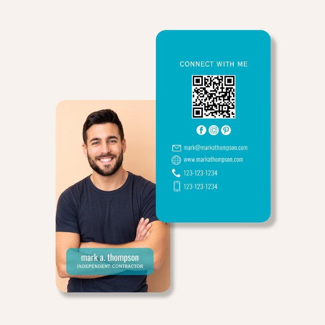 Photo QR Code Connect With Me Teal Modern Business Card (Modern teal QR code contact design with photo and clean professional layout)