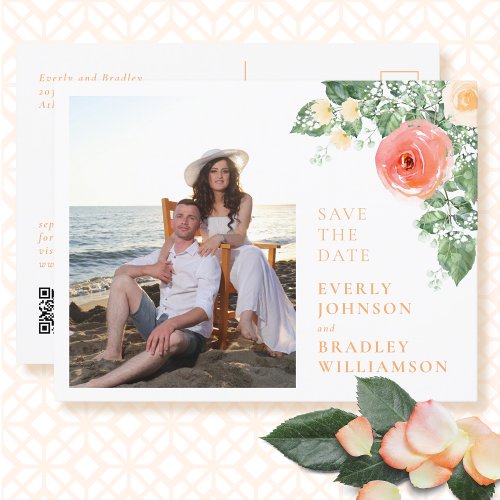 Photo QR Code Coral Floral Save the Date Postcard