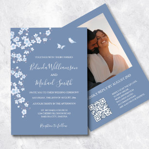Photo QR Code Dusty Blue Cherry Blossom   Wedding Invitation