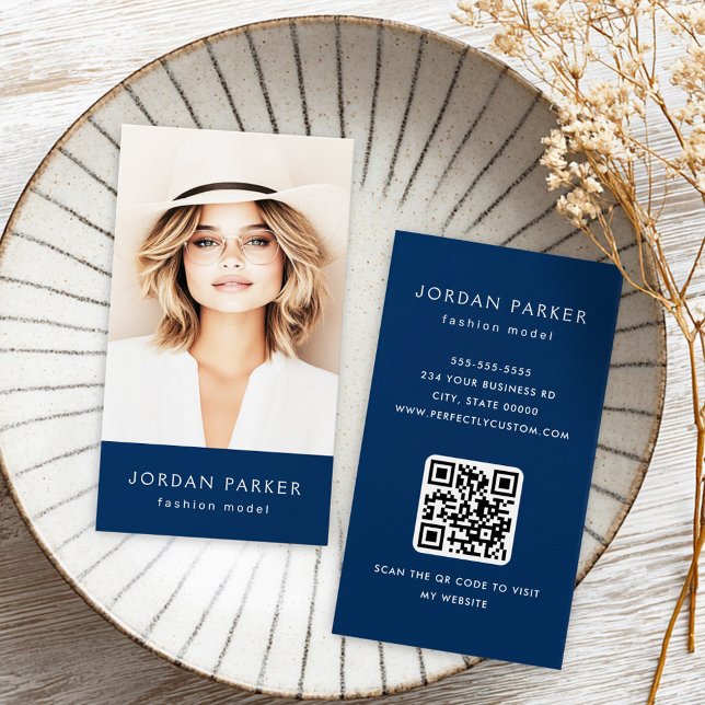 Photo QR code fashion dark blue business cards (Photo QR code fashion dark blue business cards)