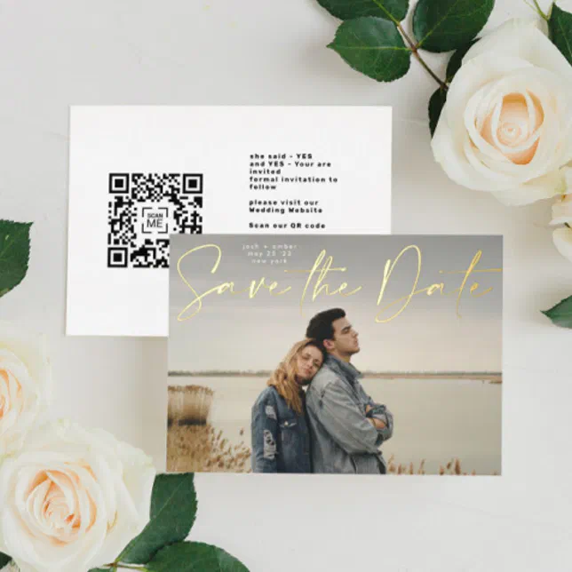 Photo QR code Gold Foil Save The Date Card Zazzle