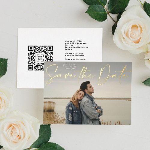 Photo QR code Gold Foil Save The Date Card