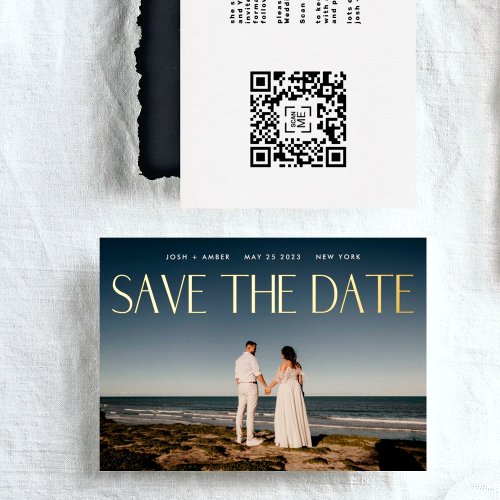 Photo QR code Gold Foil Save The Date Card
