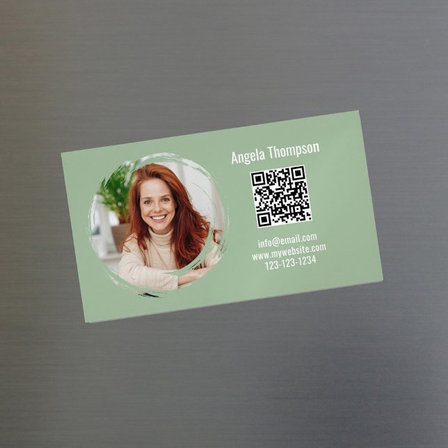 Photo QR Code Green Modern Magnetic  Business Card Magnet (Green photo business car magnetic card.)