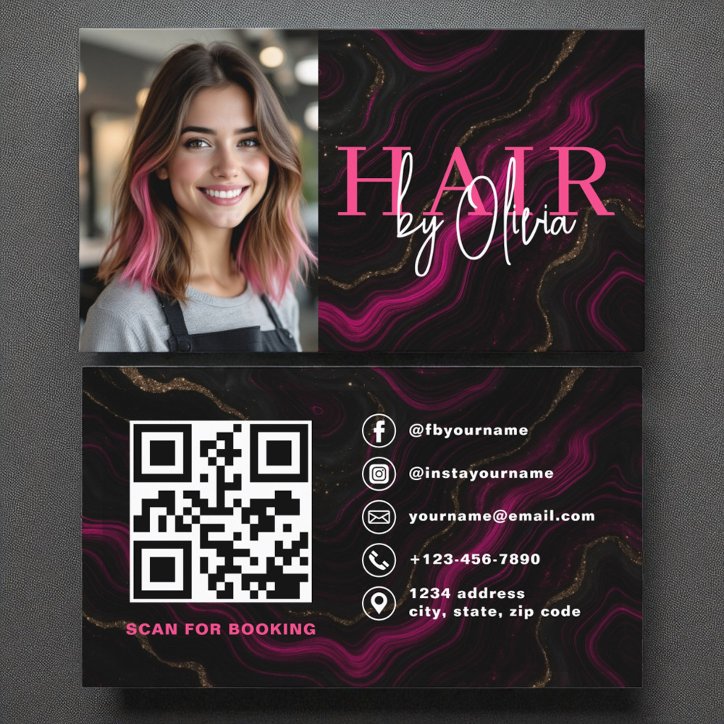Photo QR Code Hair Stylist Black Hot Pink Agate Business Card