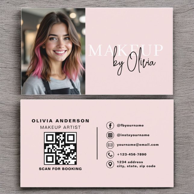 Photo QR Code Makeup Artist Blush Pink Business Card (Creator Uploaded)