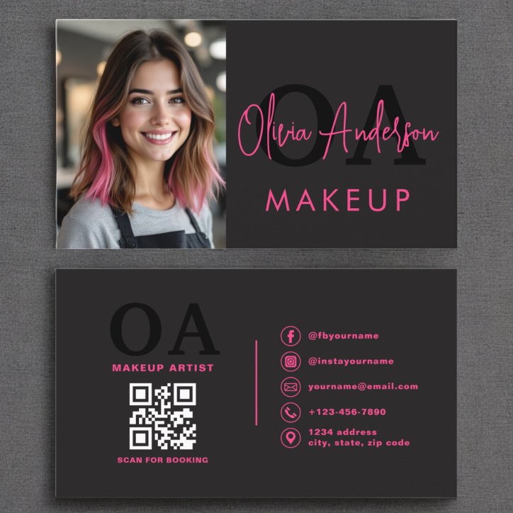 Photo QR Code Makeup Artist Hot Pink Black Business Card