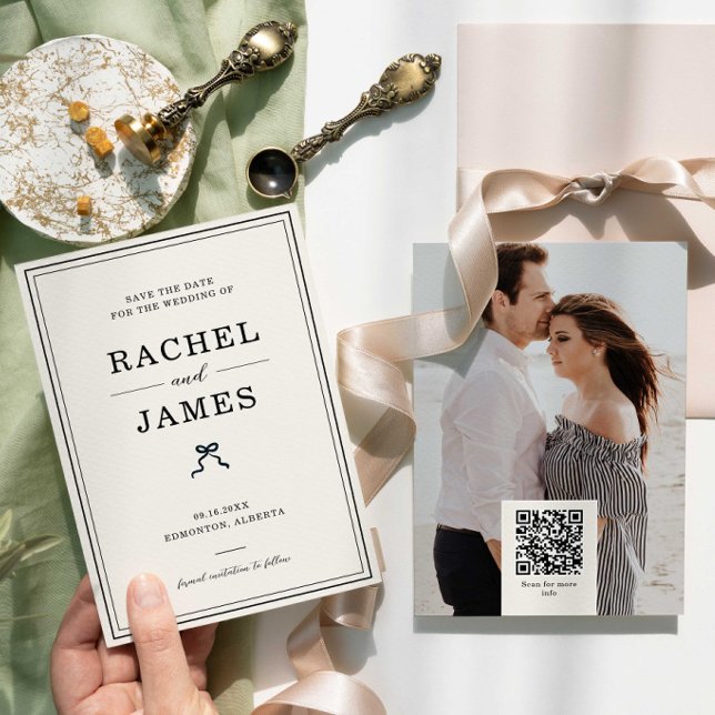 Photo QR Code Minimalist Bow Wedding Coquette Save The Date (Creator Uploaded)