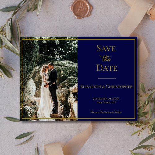 Photo QR Code Navy Blue Gold Elegant Wedding  Save The Date