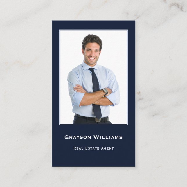 Photo QR Code Navy Blue Real Estate Business Card (Front)