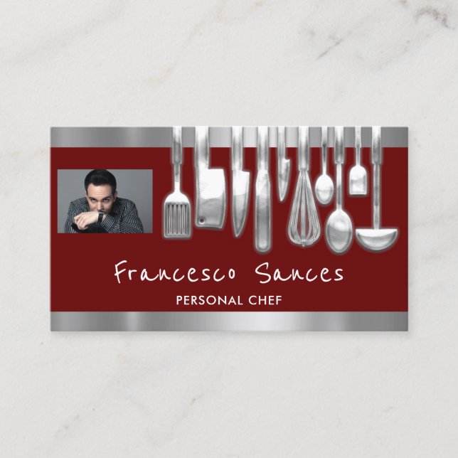 Photo QR Code Personal Chef Cooking Burgundydì  Business Card (Front)