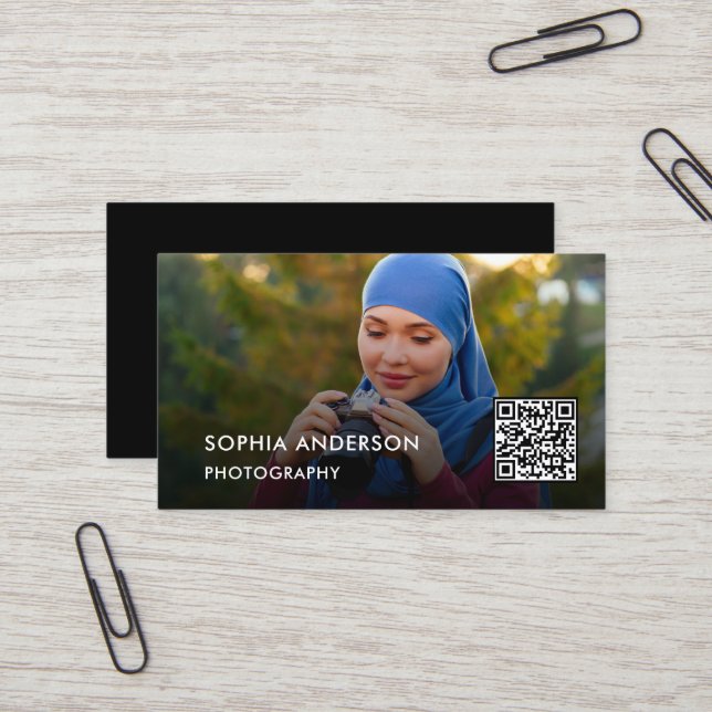 Photo QR Code | Photographer Black Business Card (Front/Back In Situ)