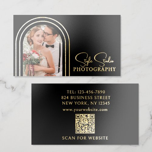 Photo QR Code Photographer Script Foil Spot Gloss Business Cards