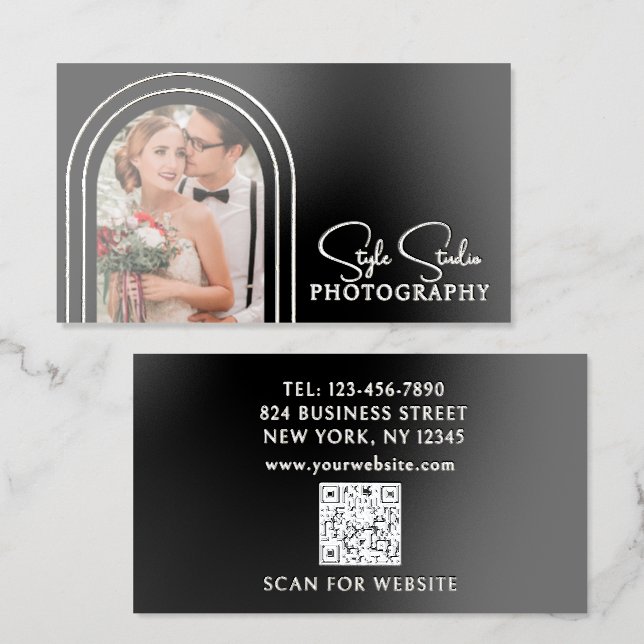Photo QR Code Photographer Script Foil Spot Gloss Business Cards (Front & Back)