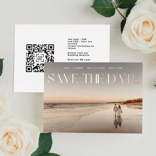 Photo QR code Rose Gold Foil Save The Date Card