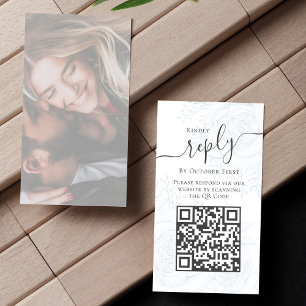 Photo QR Code RSVP Online Blue Floral Elegant Enclosure Card