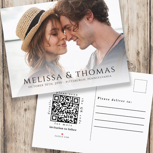 Photo QR Code Save the Date Classic Elegant Announcement Postcard (Creator Uploaded)