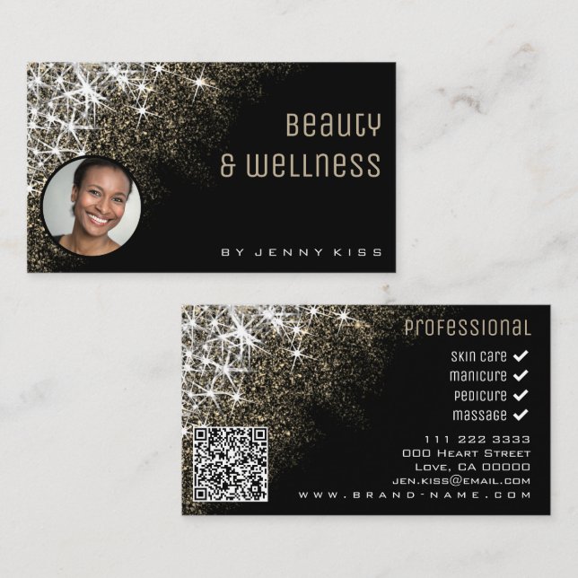 Photo QR Code Template Luminous Gold Glitter  Business Card (Front/Back)
