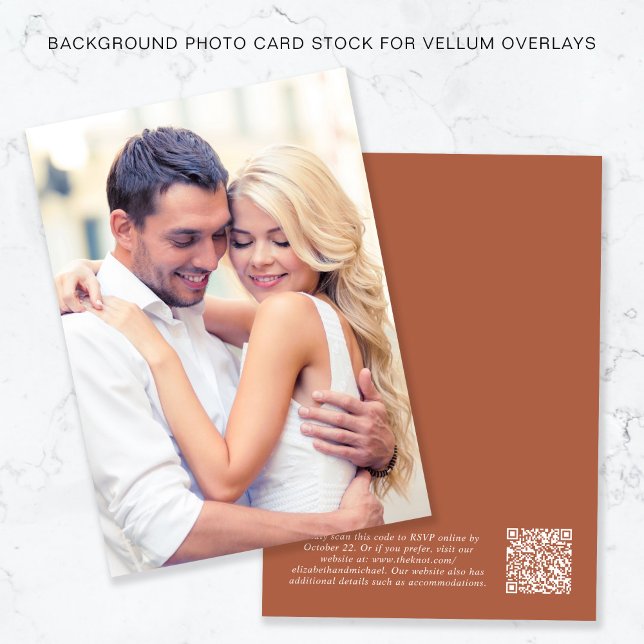 Photo QR Code Terracotta Background Vellum Overlay Invitation (Creator Uploaded)