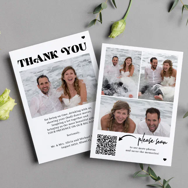 Photo QR code typography wedding thank you card | Zazzle
