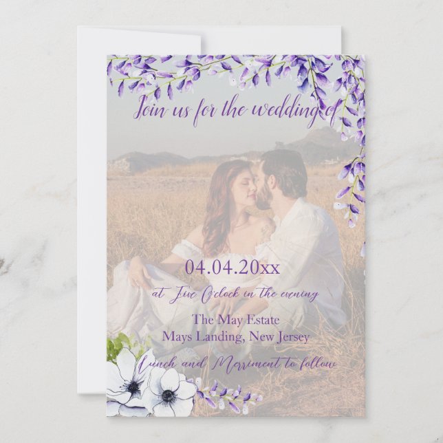 Photo QR Code Watercolor Wisteria Wedding Invitation (Front)