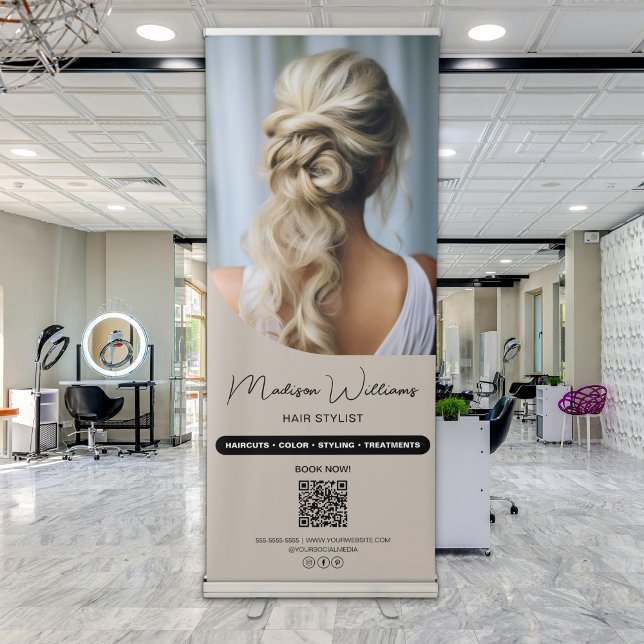 Photo QR Hair Stylist Salon Beige Retractable Banner (Photo QR Hair Stylist Salon Beige Retractable Banner)