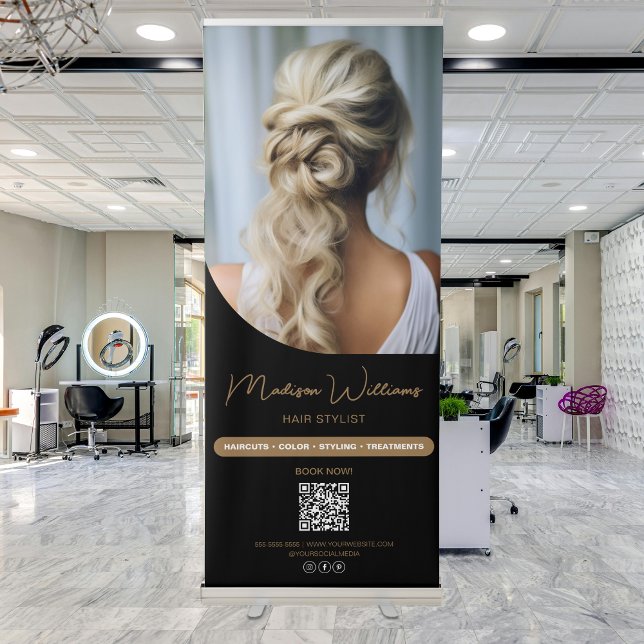 Photo QR Hair Stylist Salon Black and Gold Retractable Banner (Photo QR Hair Stylist Salon Black and Gold Retractable Banner)