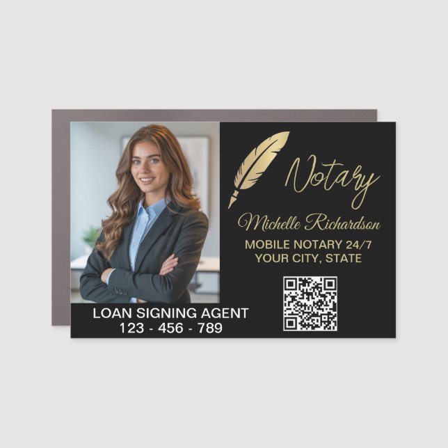 Photo QR Notary Loan Signing Agent Black Gold Car  Magnet (Front)