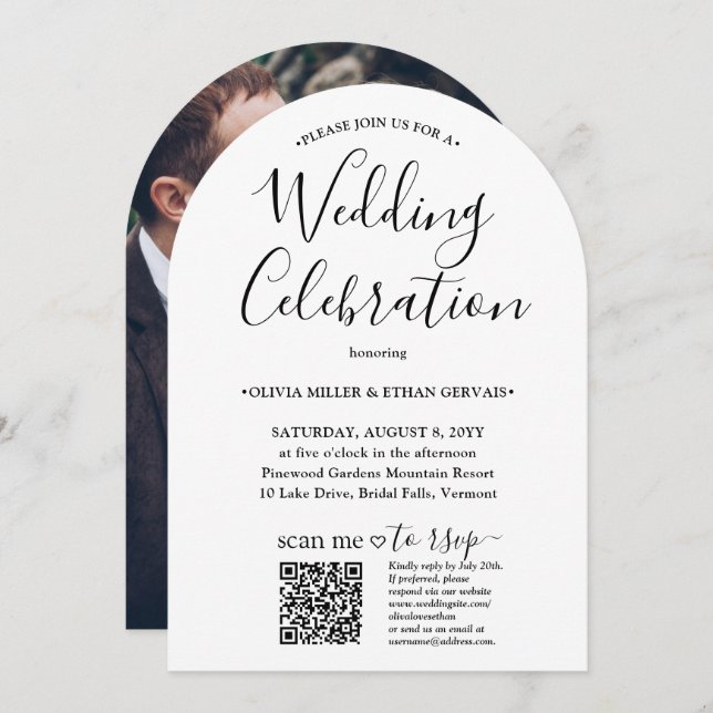 Photo & QR RSVP Simple Script Wedding Celebration Invitation (Front/Back)