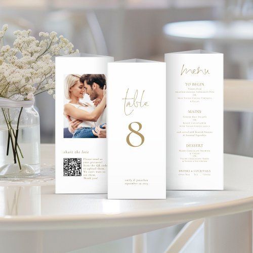 Photo QR Trifold Gold Wedding Menu Table Number 