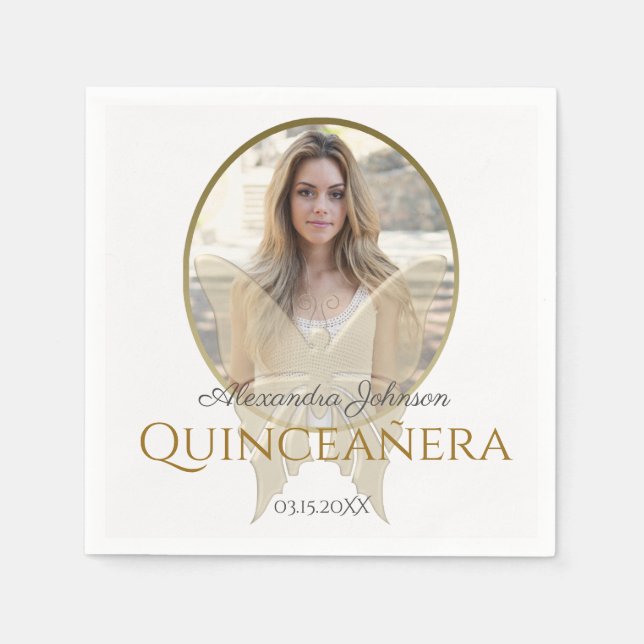 Photo Quinceanera 15th Birthday Gold Butterfly Napkins (Front)