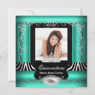 Photo Quinceanera 15th Birthday Jade Teal Zebra Invitation
