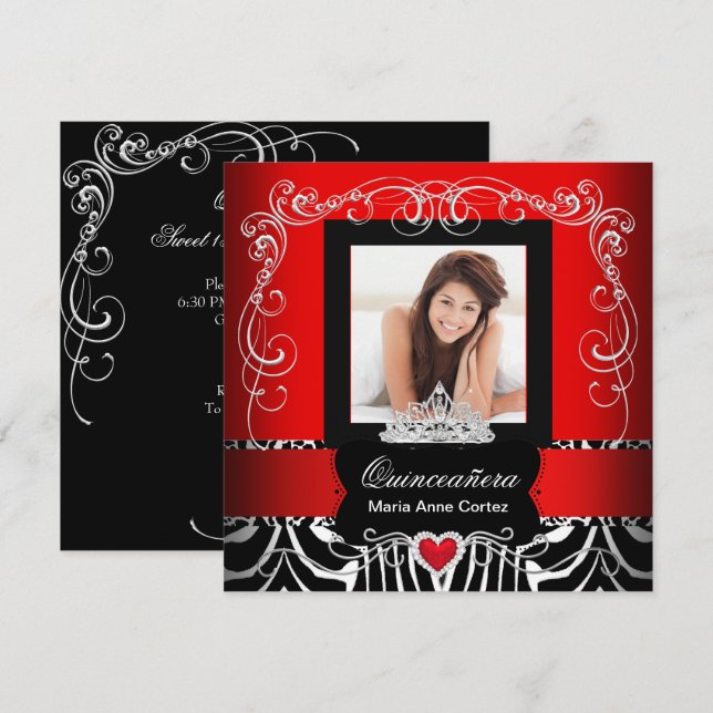 Photo Quinceanera 15th Birthday Red Zebra Invitation (Front/Back)