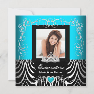 Photo Quinceanera 15th Birthday Teal Blue Zebra Invitation