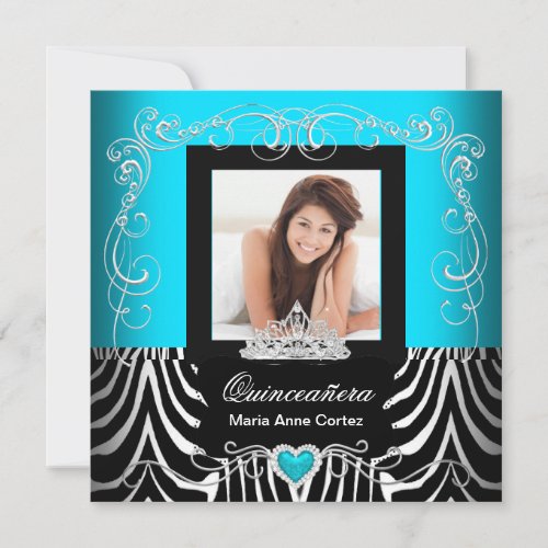 Photo Quinceanera 15th Birthday Teal Blue Zebra Invitation