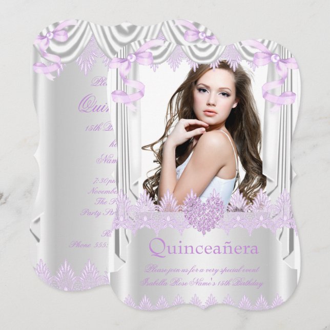 Photo Quinceanera 15th Lilac Heart Silk Lace Invitation (Front/Back)