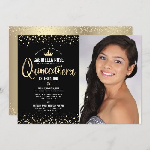 Photo Quinceaera Black Gold Glitter Tiara Girly Invitation