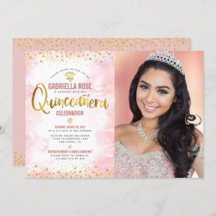 Photo Quinceañera Blush Pink Gold Glitter Tiara Invitation