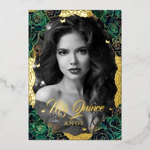 Photo Quinceanera Emerald Rose Gold Lace Foil Invitation