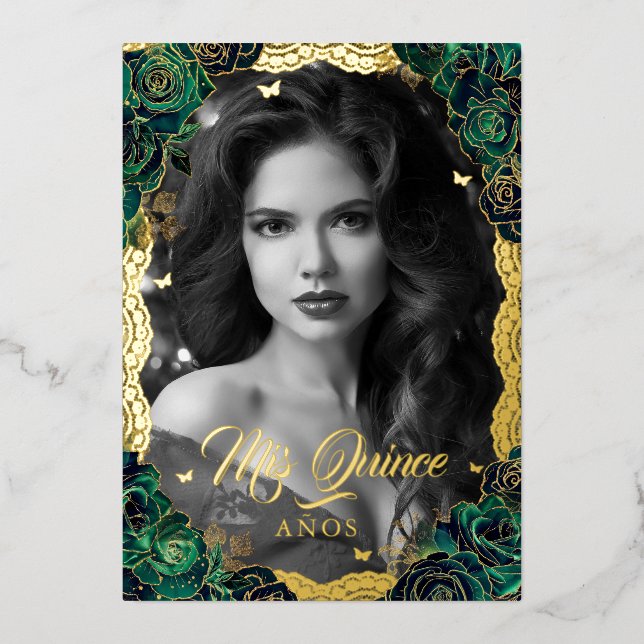 Photo Quinceanera Emerald Rose Gold Lace Foil Invitation (Front)