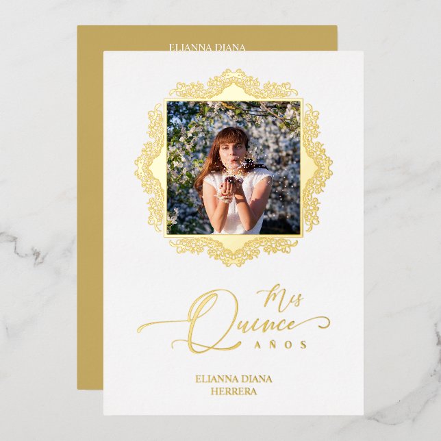 Photo Quinceañera Español Effect Golden Lace Foil Invitation (Front/Back)