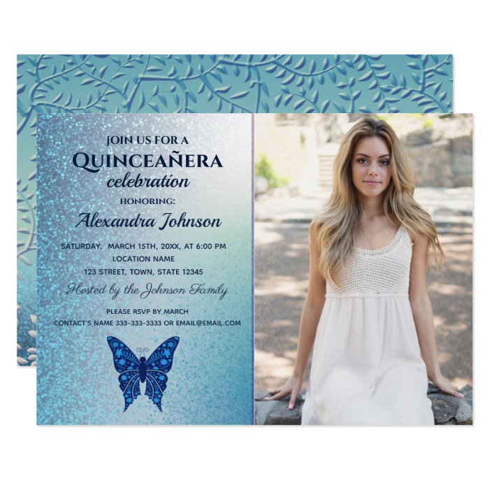 Photo Quinceanera , Glitter Blue Butterfly Invitation