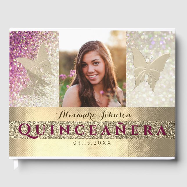 Photo Quinceanera Glitter Pink Guest Book (Front)