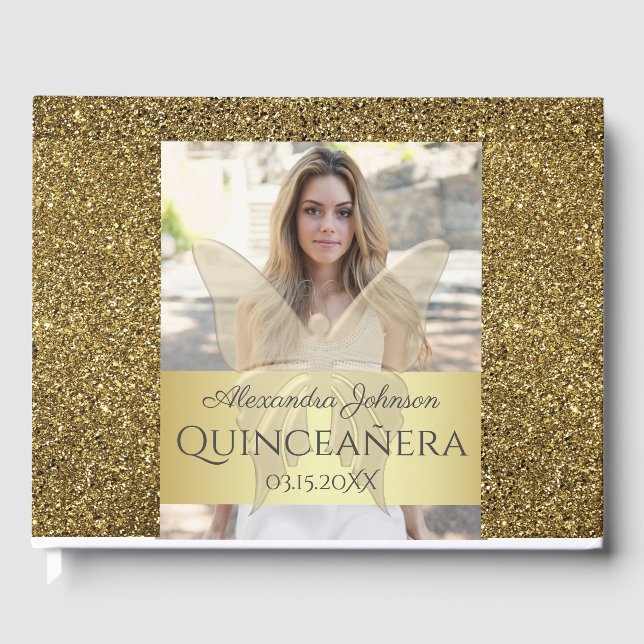 Photo Quinceanera Gold Glitter Guest Book (Front)