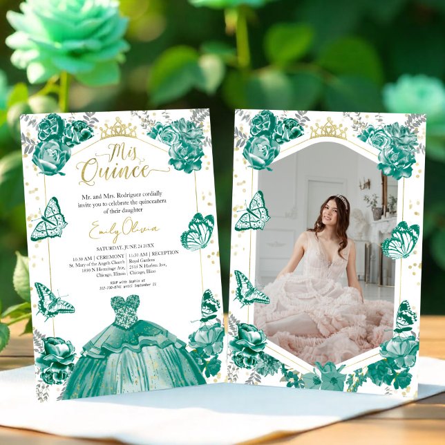 Photo Quinceanera Invitation Emerald Green Floral  (Creator Uploaded)