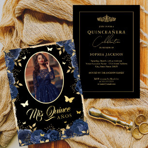 Photo Quinceanera Navy Blue Gold Rose Butterfly Foil Invitation