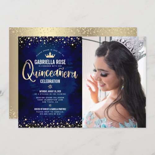 Photo Quinceaera Navy Gold Glitter Princess Crown Invitation