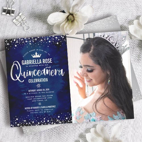 Photo Quinceaera Navy Silver Glitter Script Crown Invitation