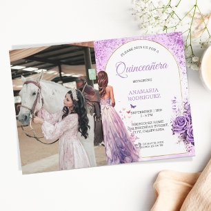 Photo Quinceañera Purple Dress Floral Butterflies Invitation