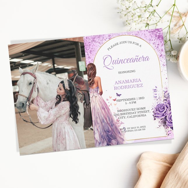 Photo Quinceañera Purple Dress Floral Butterflies Invitation (Creator Uploaded)